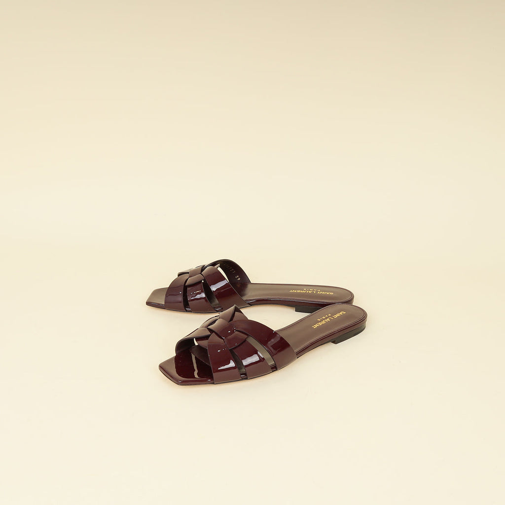 YSL Burgundy Tribute Flat Sandals 39