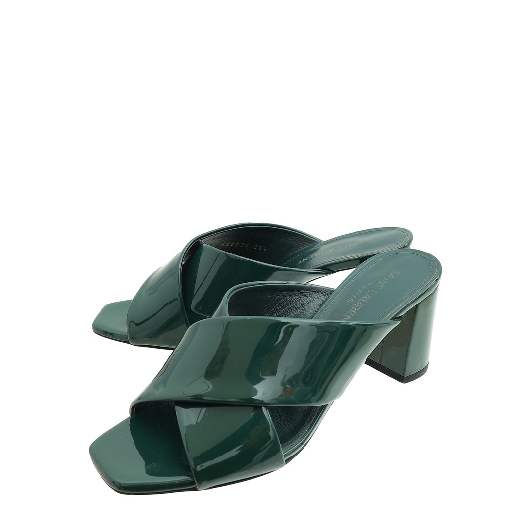 YSL Dark Green Loulou Criss Cross Mules 36.5