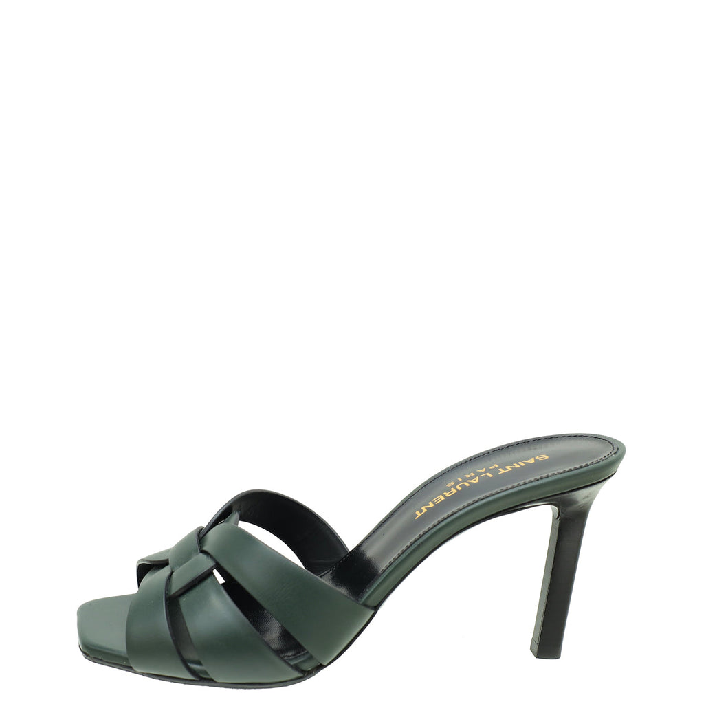 YSL Dark Green Tribute Slide Heeled Sandals 36