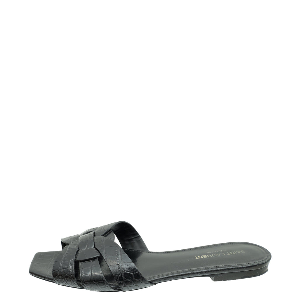YSL Black Croco Embossed Tribute Flat Mules 38.5