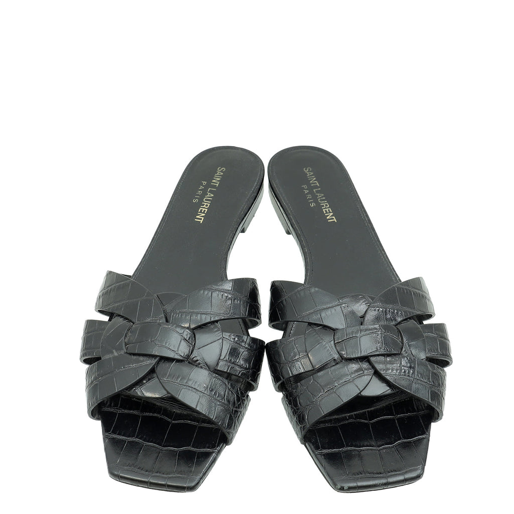 YSL Black Croco Embossed Tribute Flat Mules 38.5