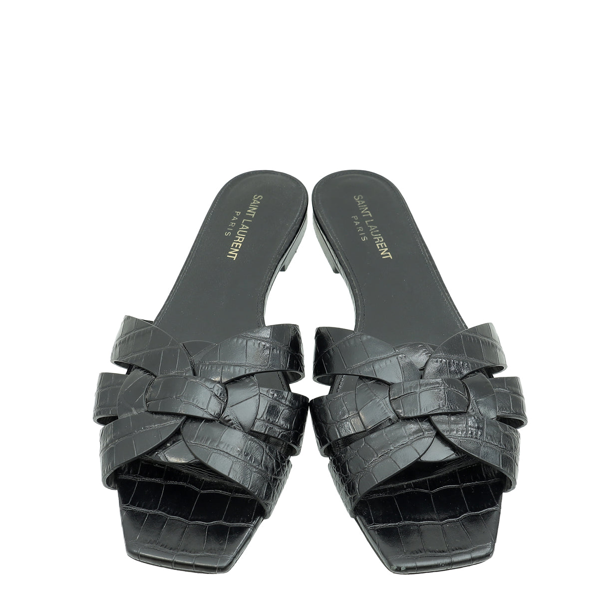 YSL Black Croco Embossed Tribute Flat Mules 38.5