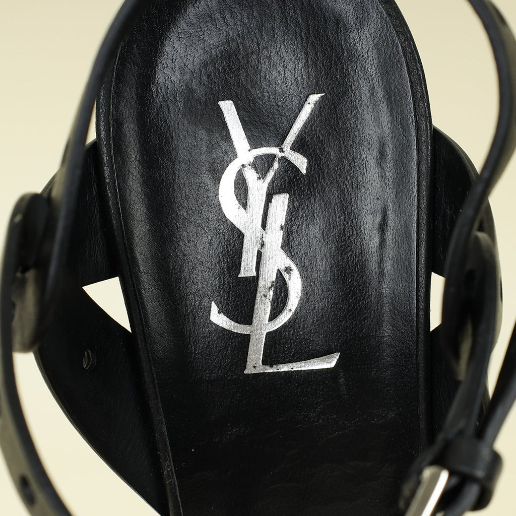 YSL Black Perforated High Heeled Platform Tribute Sandals 39
