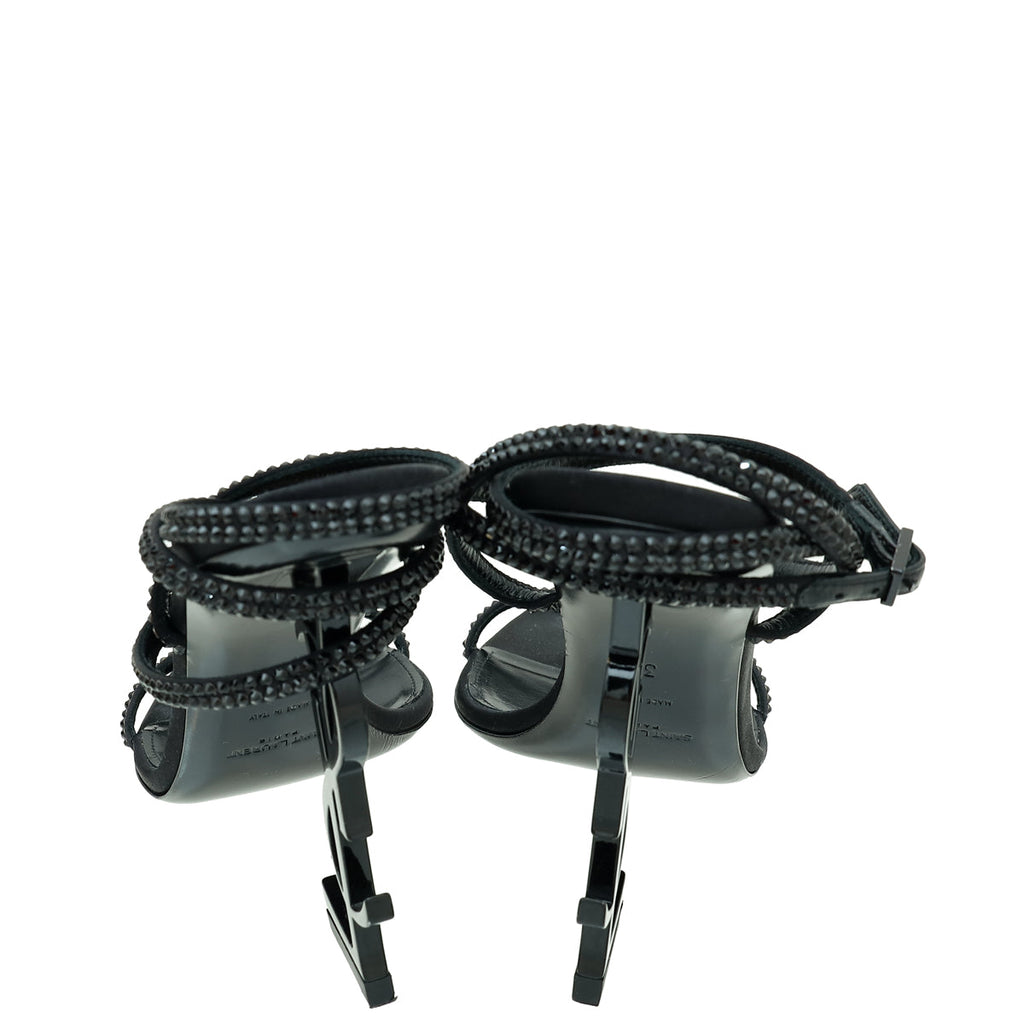 YSL Black Satin Opyum Embellished Crystal Sandal 39