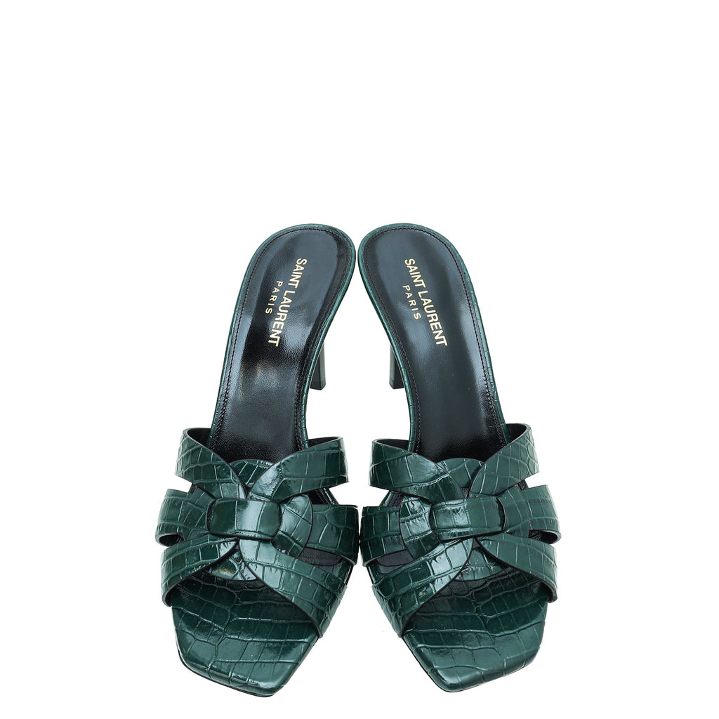 YSL Green Croc Embossed Tribute Heeled Mules 39