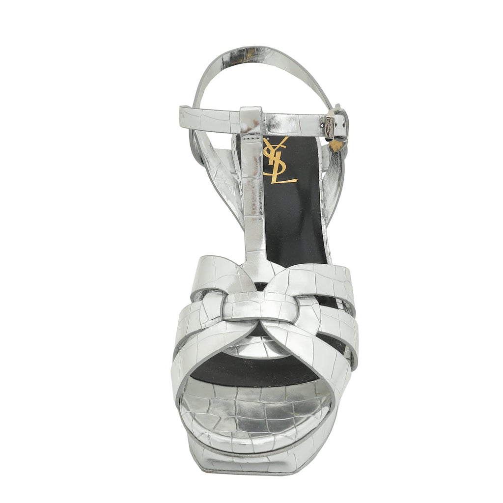 YSL Silver Croco Embossed Tribute Sandal 40