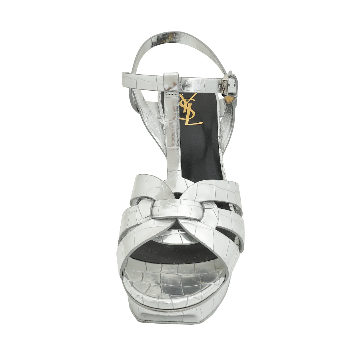 YSL Silver Croco Embossed Tribute Sandal 40