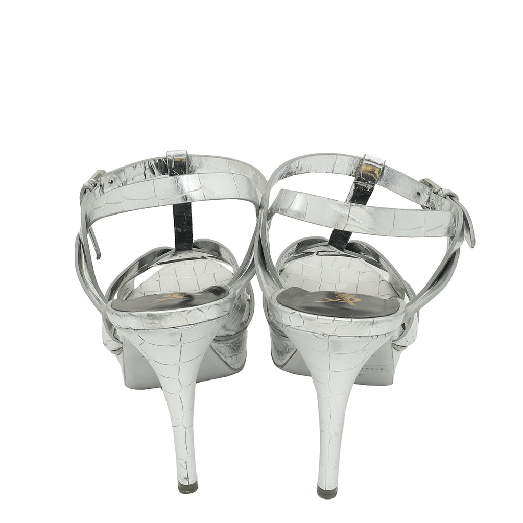 YSL Silver Croco Embossed Tribute Sandal 40