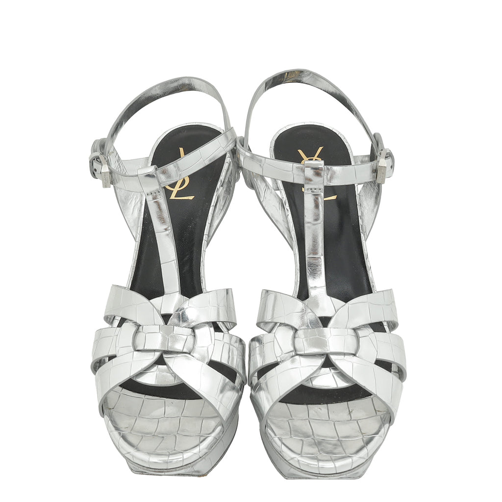 YSL Silver Croco Embossed Tribute Sandal 40