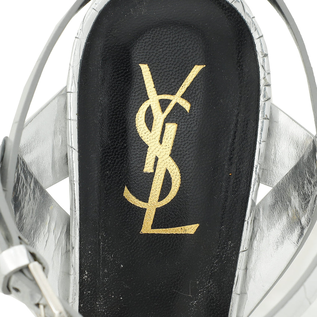 YSL Silver Croco Embossed Tribute Sandal 40