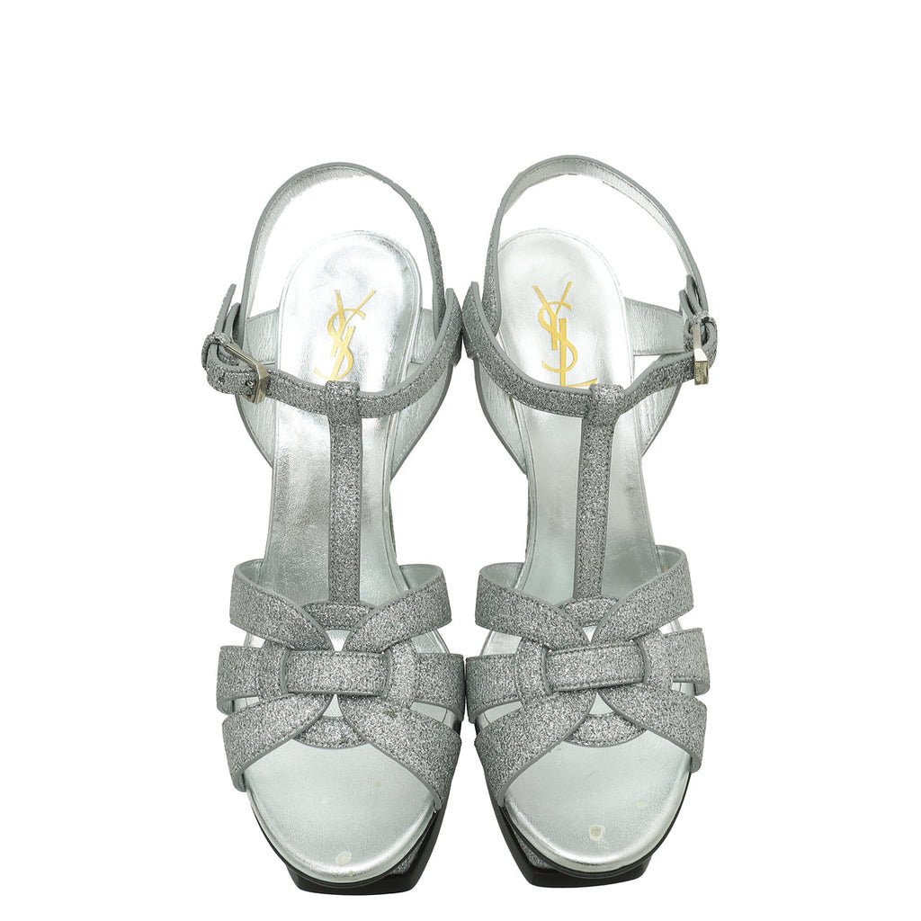 YSL Silver Glitter Tribute Moon Sandal 40