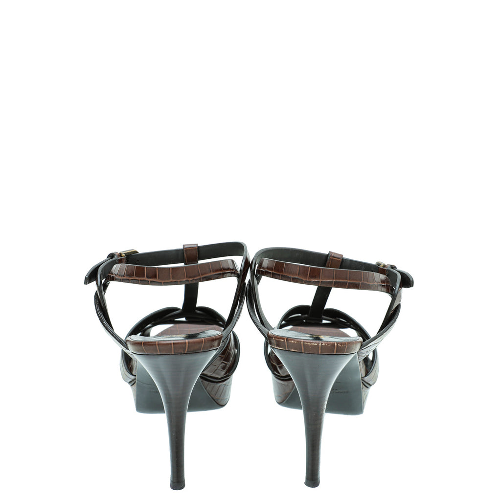 YSL Brown Croc Embossed Mid Heel Tribute Sandals 41