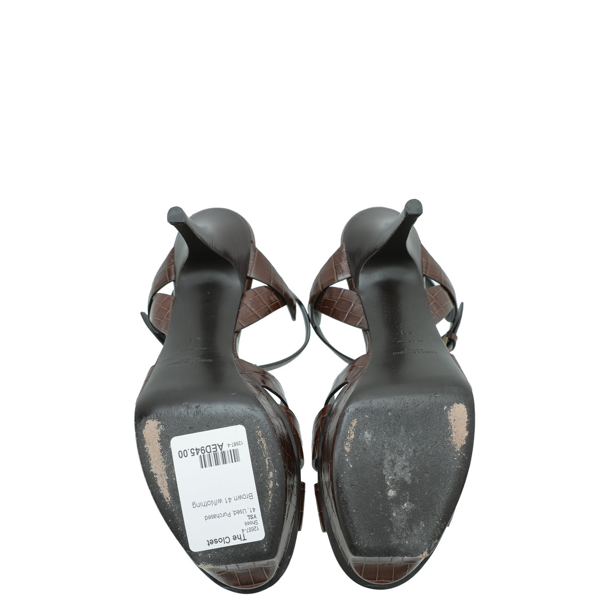 YSL Brown Croc Embossed Mid Heel Tribute Sandals 41