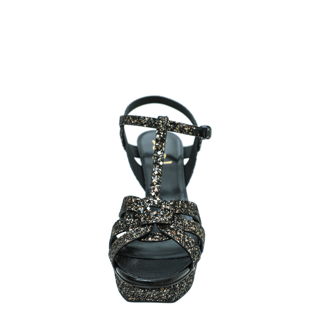 YSL Black Glitter Calfskin Ayers Mid Heel Tribute Sandals 41
