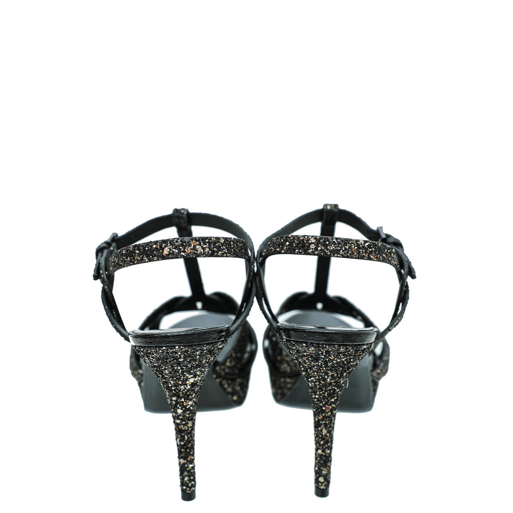 YSL Black Glitter Calfskin Ayers Mid Heel Tribute Sandals 41