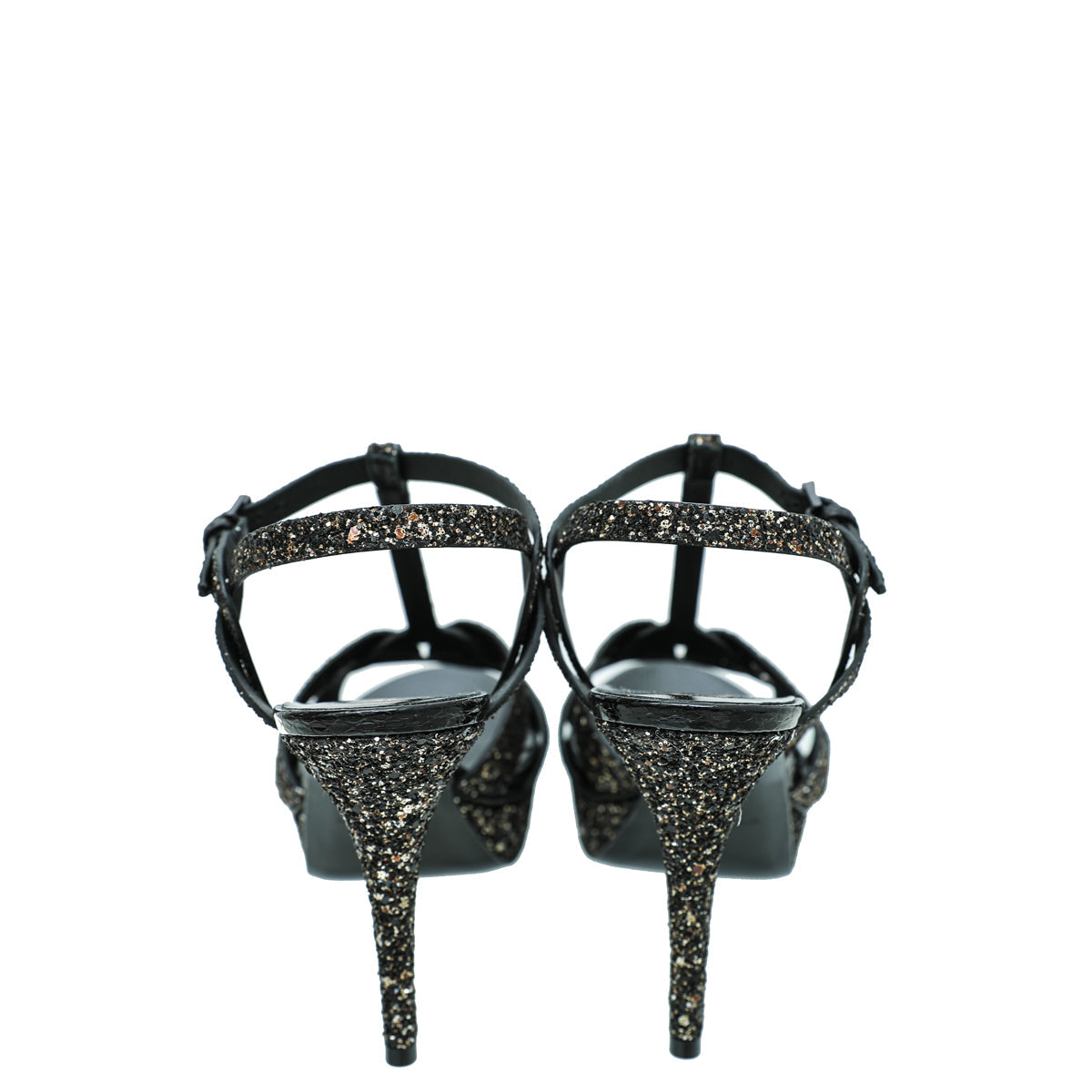 YSL Black Glitter Calfskin Ayers Mid Heel Tribute Sandals 41