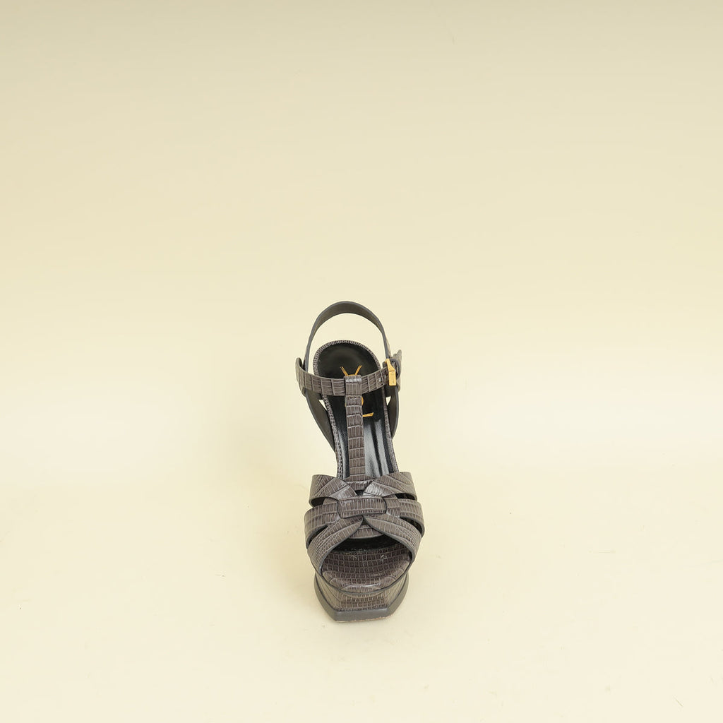 YSL Gray LIzard Embossed High Heeled Tribute Sandals 35