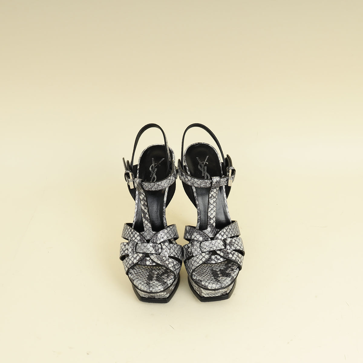 YSL Bicolor Python Embossed High Heeled Tribute Sandals 35