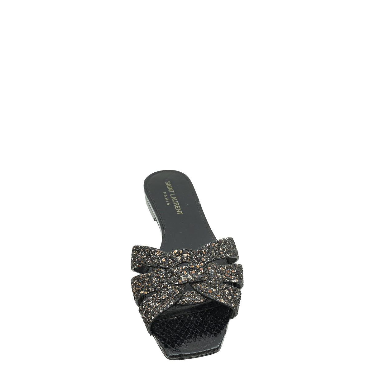 YSL Black Coarse Glitter Tribute Flat Mules 36.5