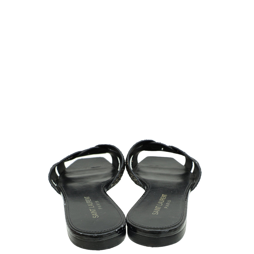 YSL Black Coarse Glitter Tribute Flat Mules 36.5