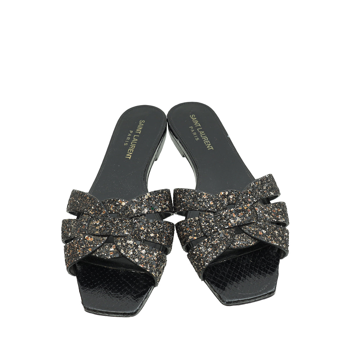 YSL Black Coarse Glitter Tribute Flat Mules 36.5
