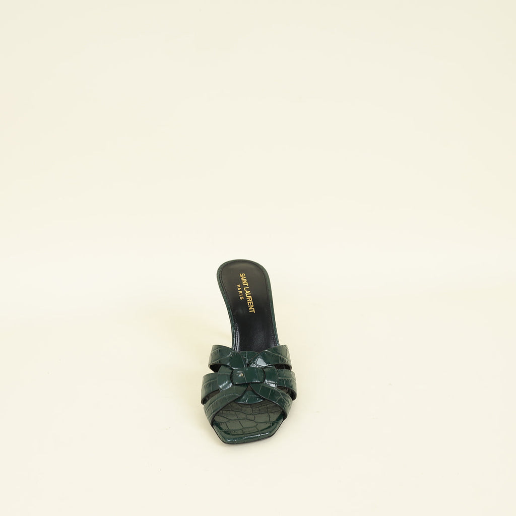 YSL Emerald Green Tribute Croco Embossed Heeled Mules 37