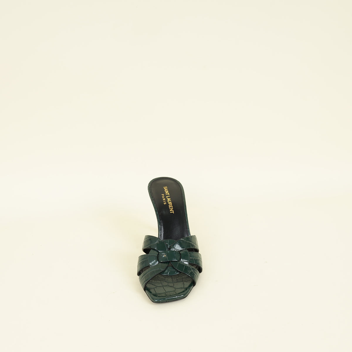 YSL Emerald Green Tribute Croco Embossed Heeled Mules 37