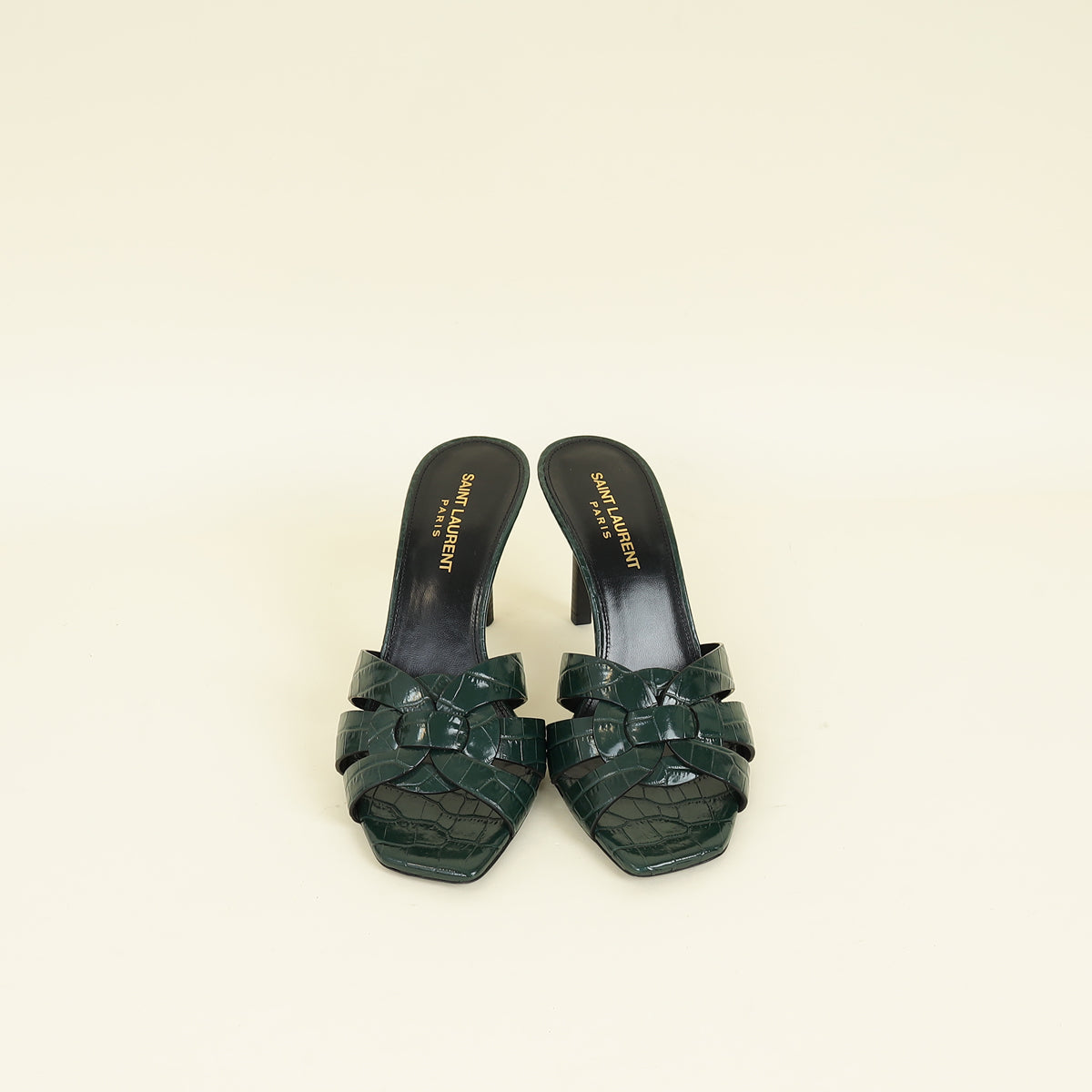 YSL Emerald Green Tribute Croco Embossed Heeled Mules 37