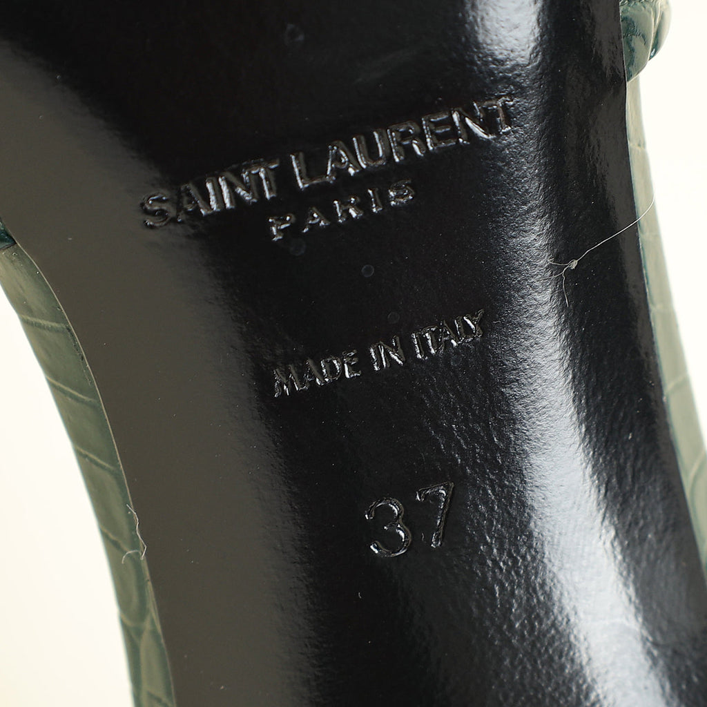 YSL Emerald Green Tribute Croco Embossed Heeled Mules 37