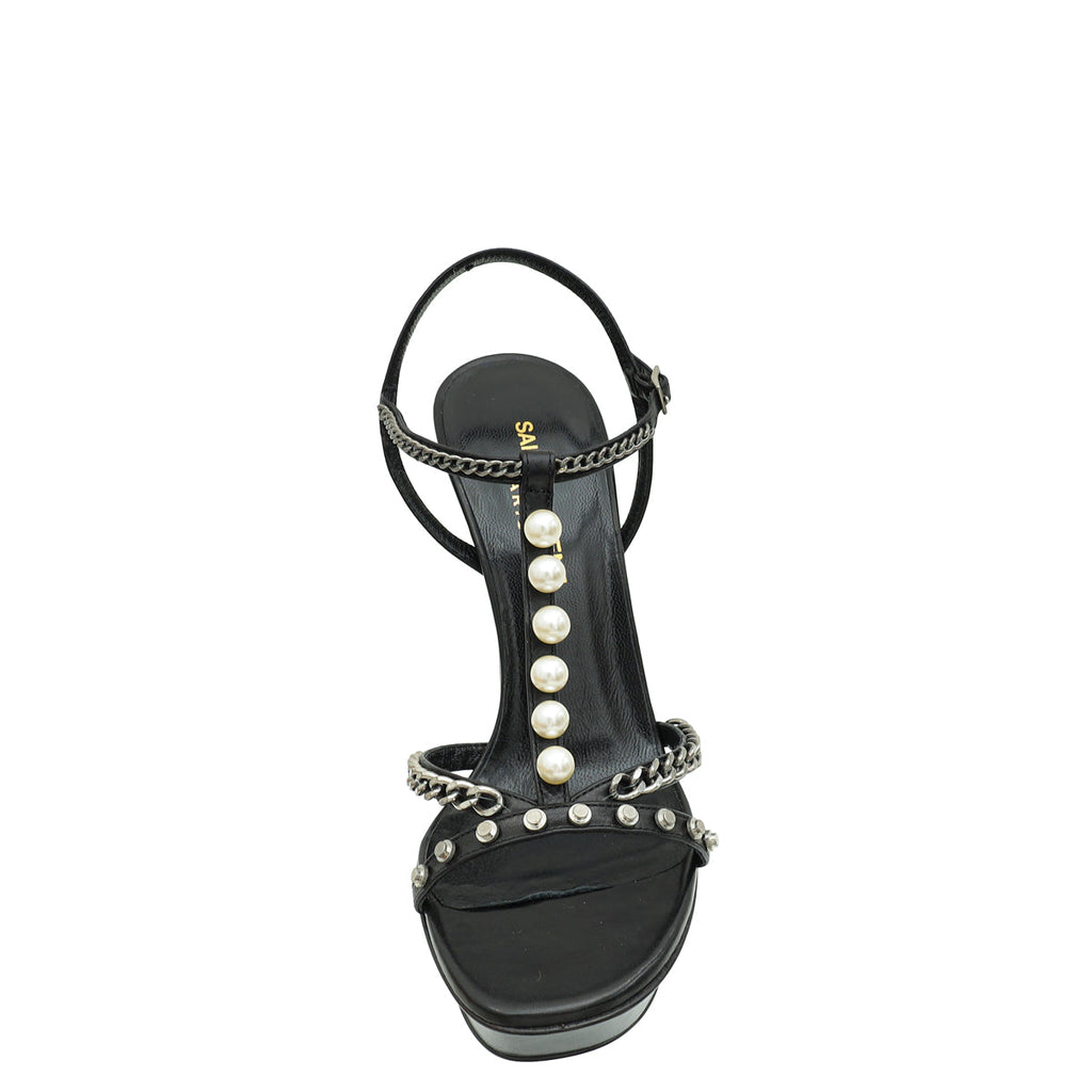 YSL Black Jane Chain Pearl Platform Heeled Sandals 37
