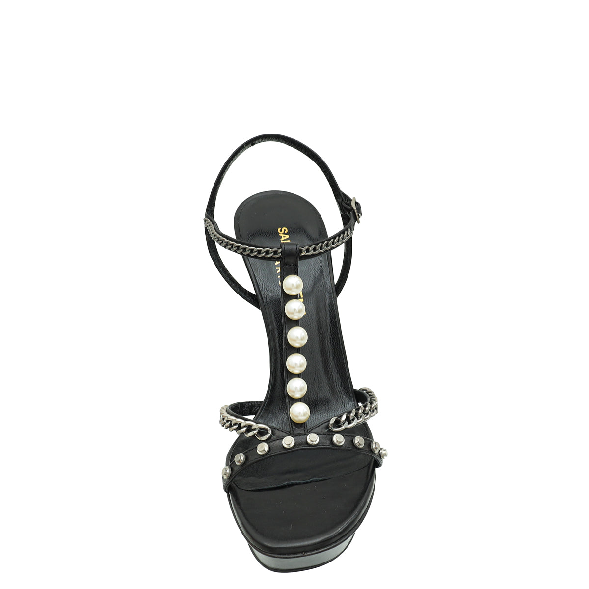 YSL Black Jane Chain Pearl Platform Heeled Sandals 37