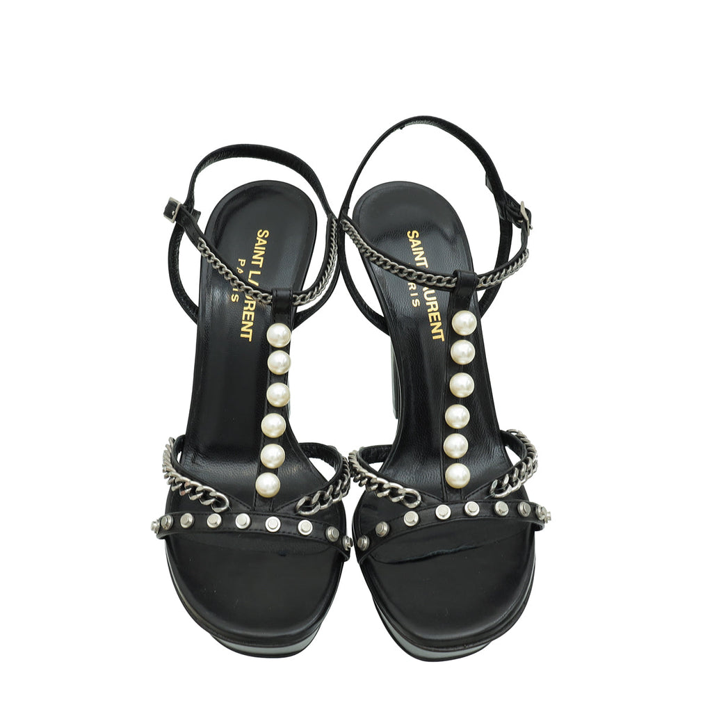 YSL Black Jane Chain Pearl Platform Heeled Sandals 37
