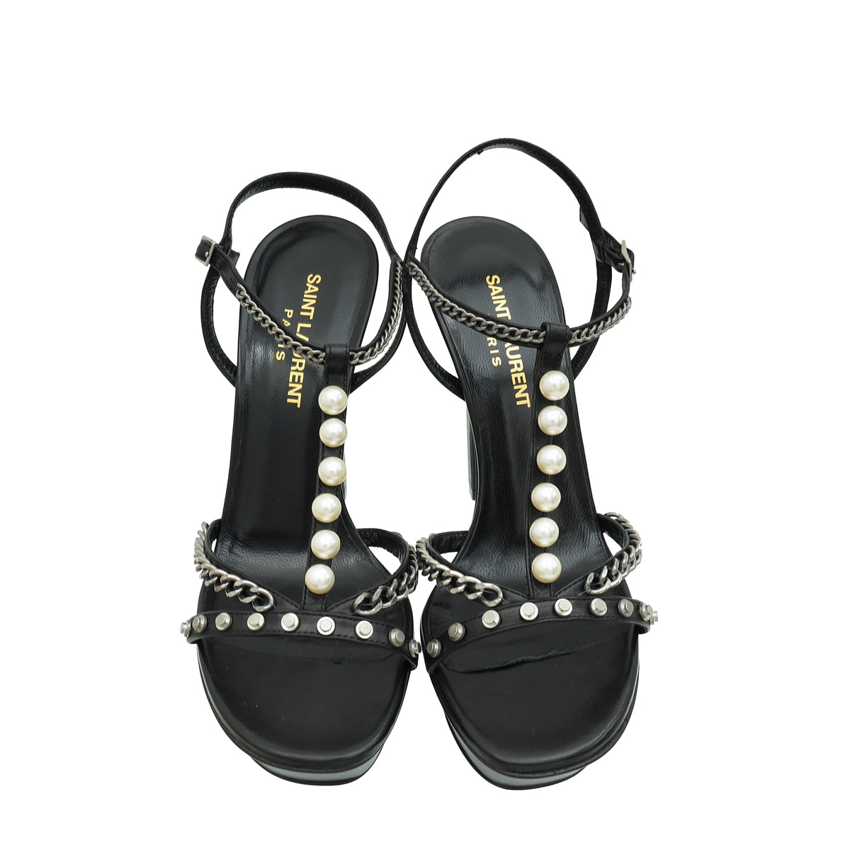YSL Black Jane Chain Pearl Platform Heeled Sandals 37