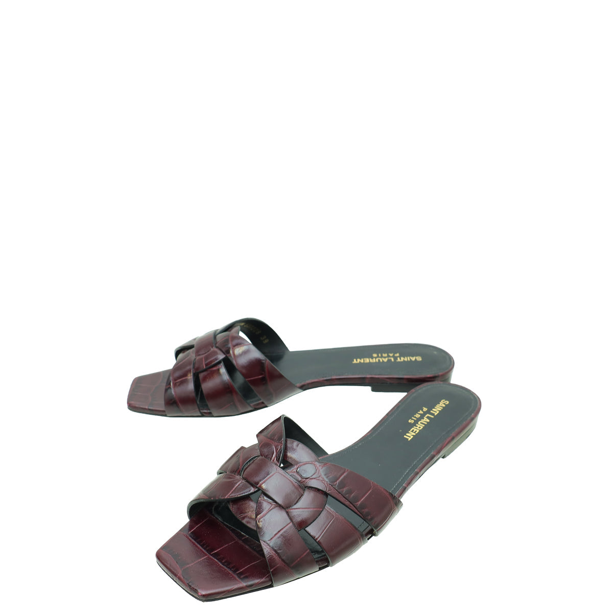 YSL Burgundy Croco Embossed Tribute Flat Mules 39