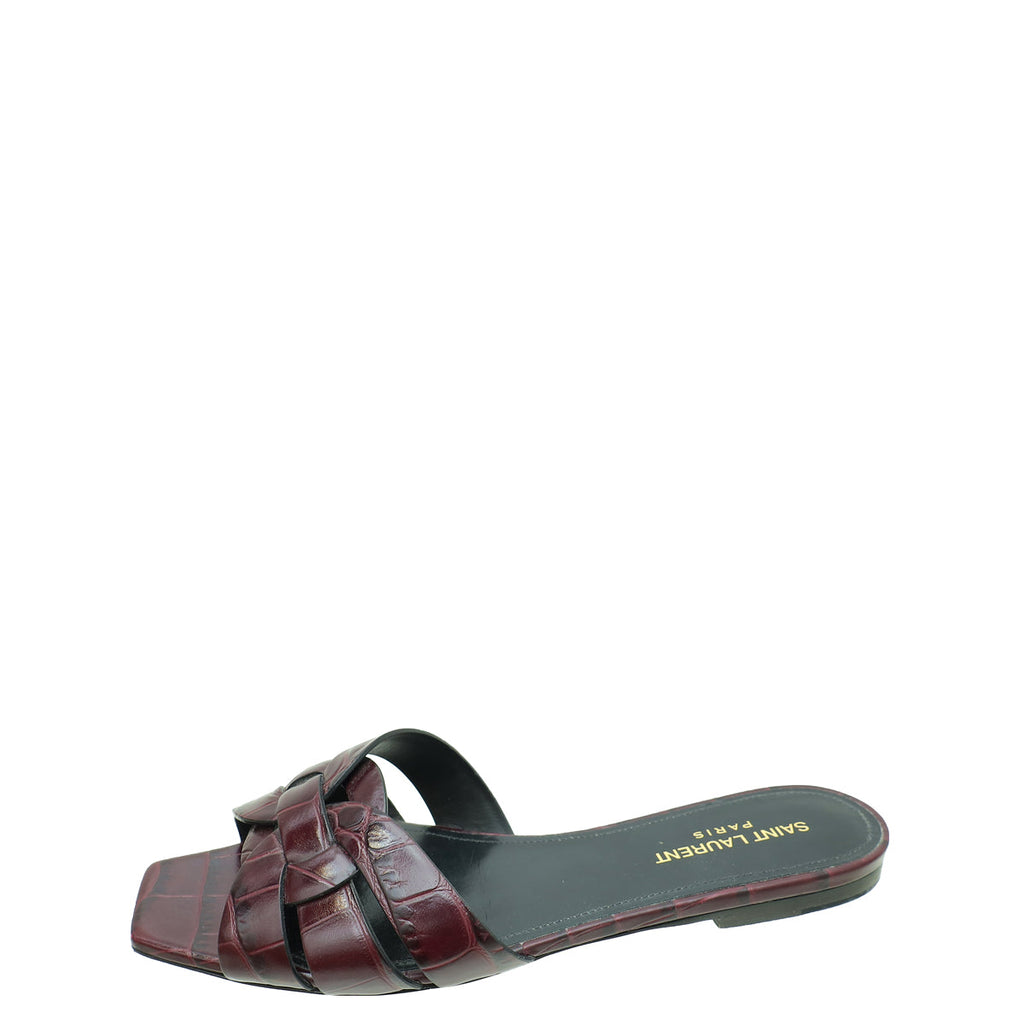 YSL Burgundy Croco Embossed Tribute Flat Mules 39