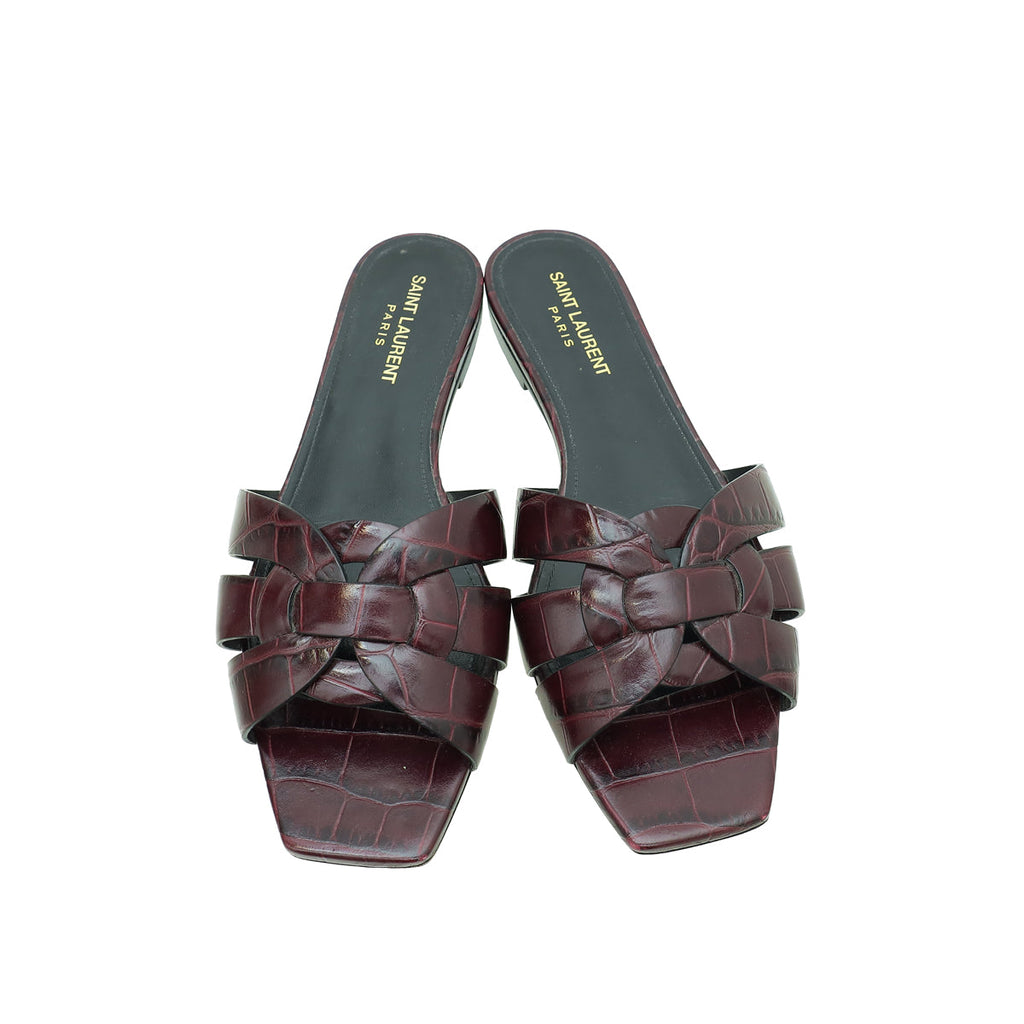 YSL Burgundy Croco Embossed Tribute Flat Mules 39