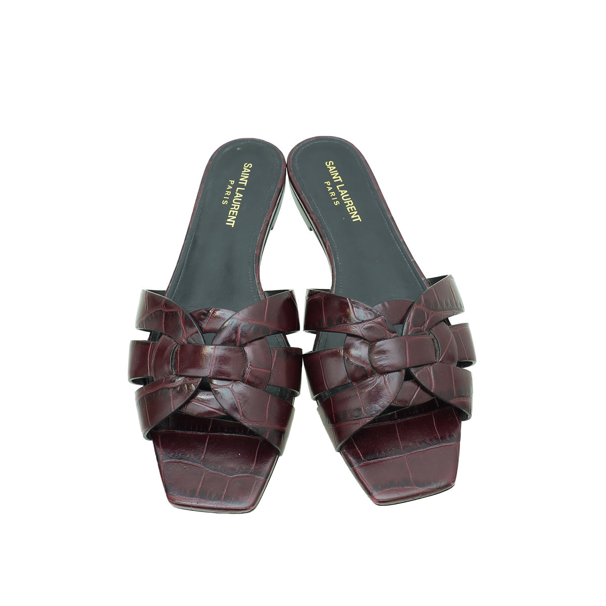 YSL Burgundy Croco Embossed Tribute Flat Mules 39