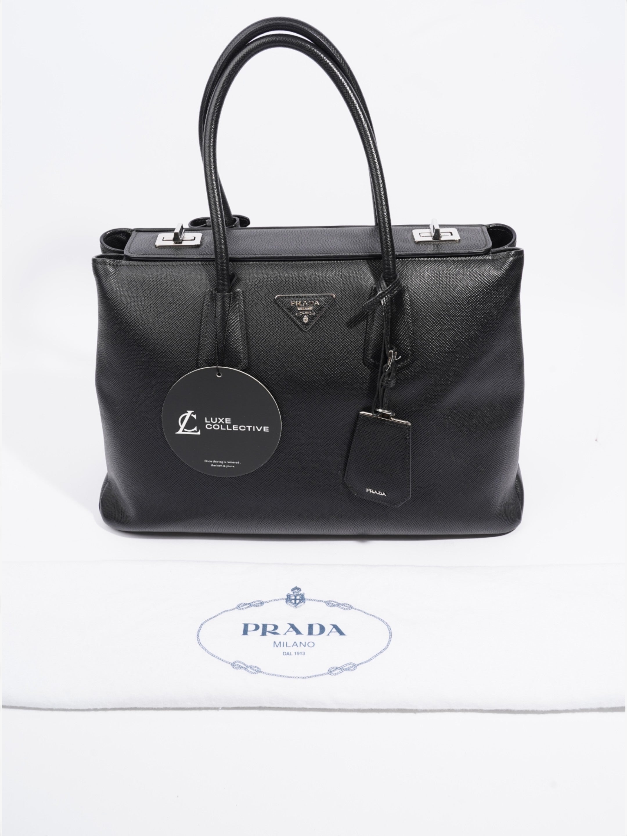 Prada Turnlock Twin Tote Black Saffiano Leather