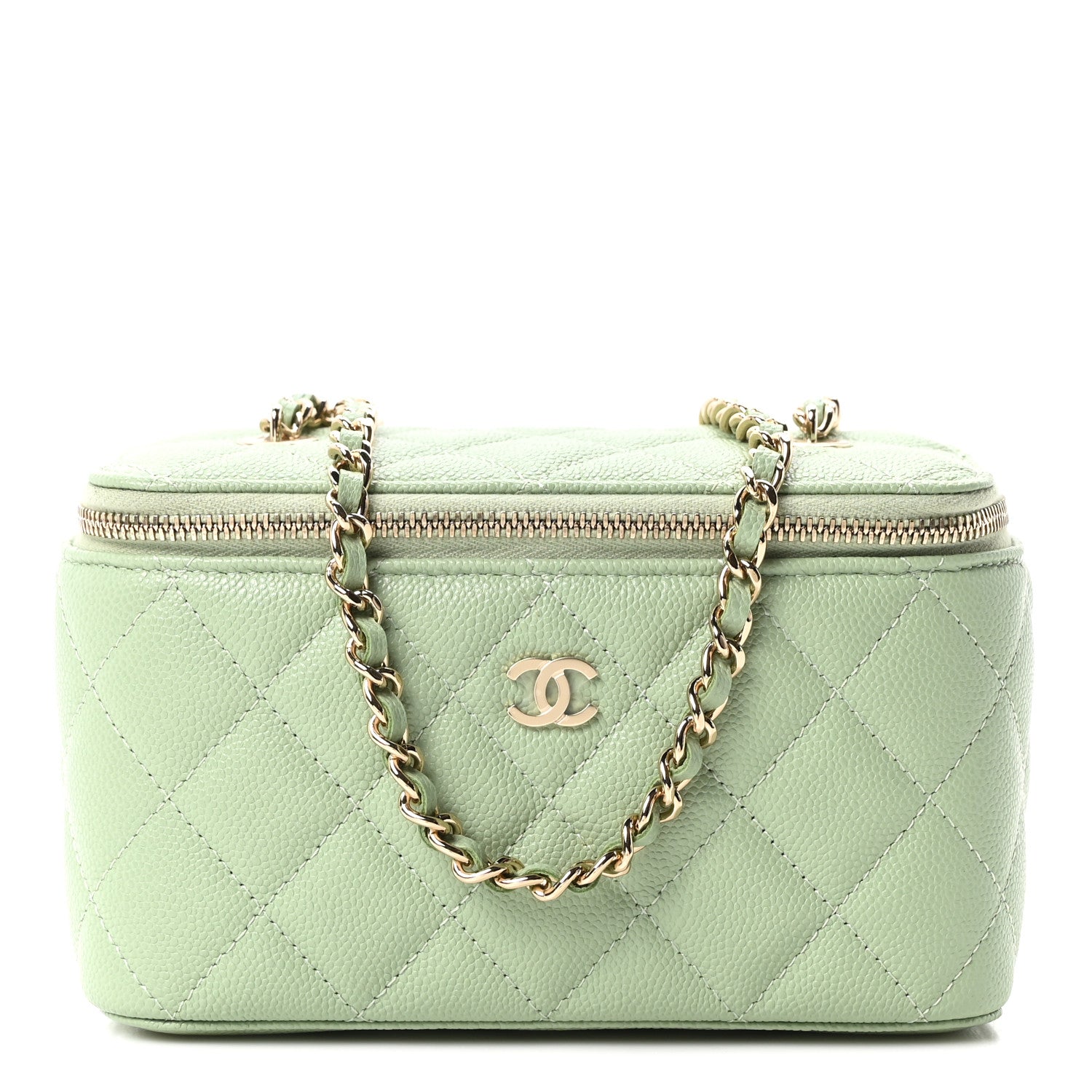 Caviar Quilted Small Vanity Case With Chain Light Green