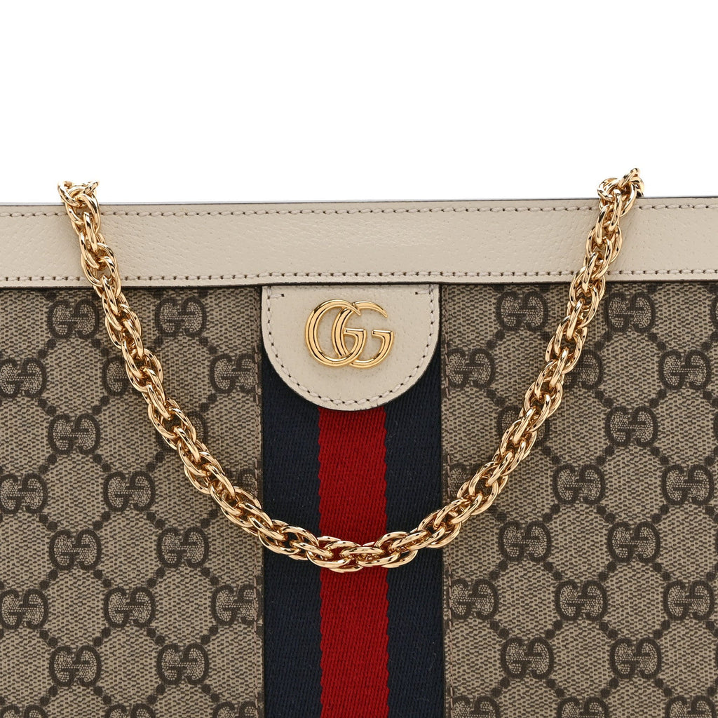 GG Supreme Monogram Textured Calfskin Web Small Ophidia Chain Shoulder Bag Beige Ebony Mystic White