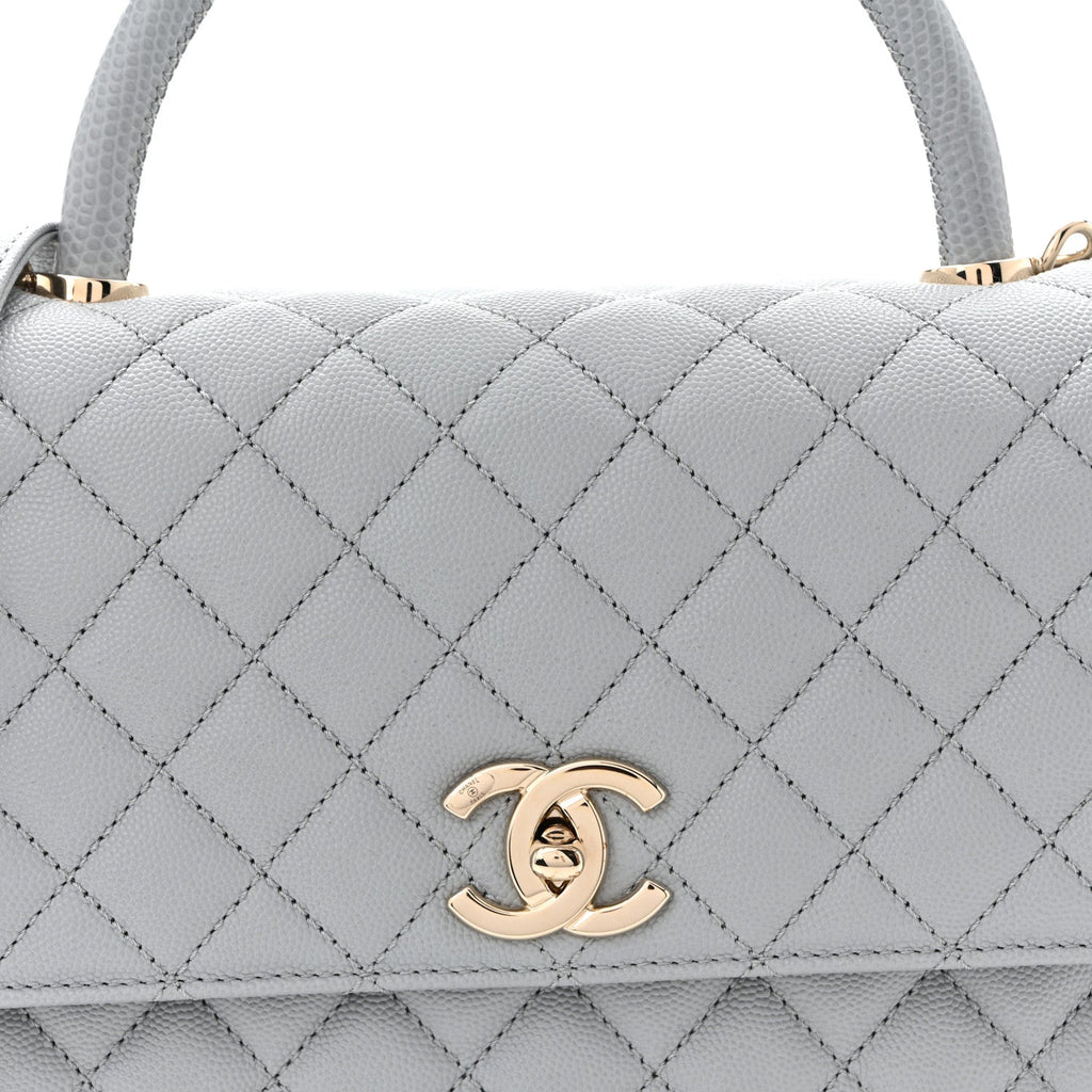 Caviar Lizard Embossed Quilted Small Coco Handle Flap Light Grey