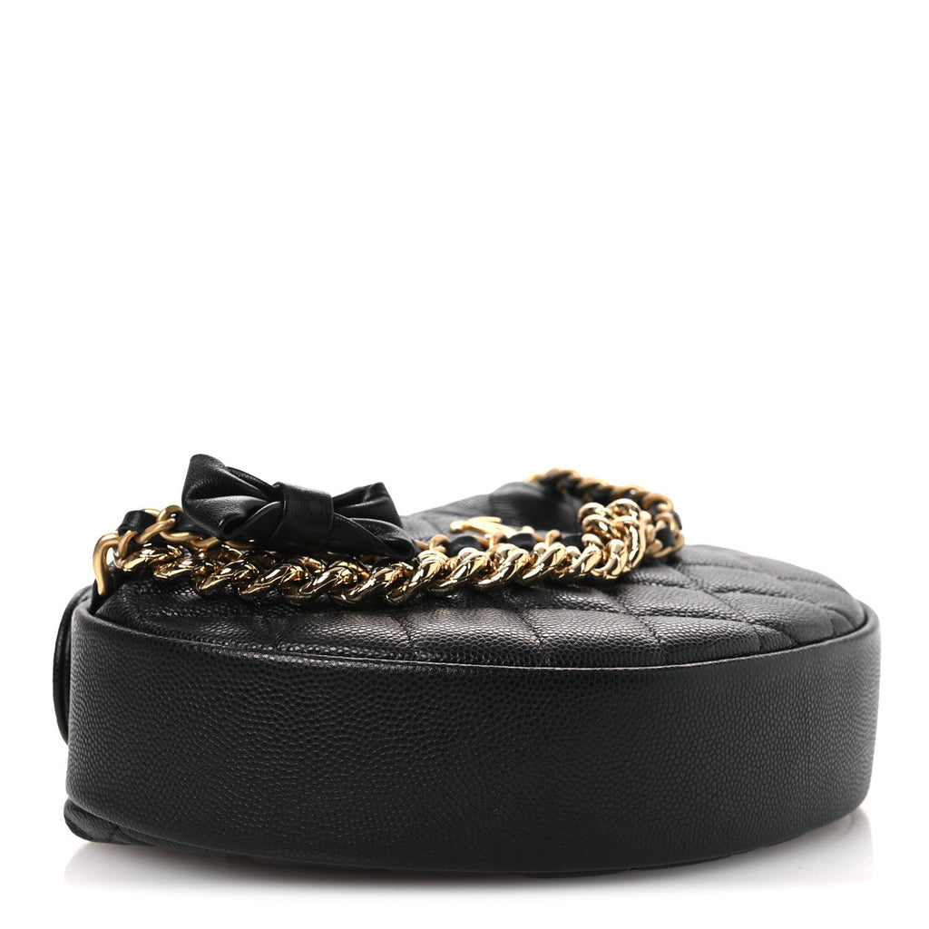 Shiny Caviar Quilted Bow Pouch Hobo Black
