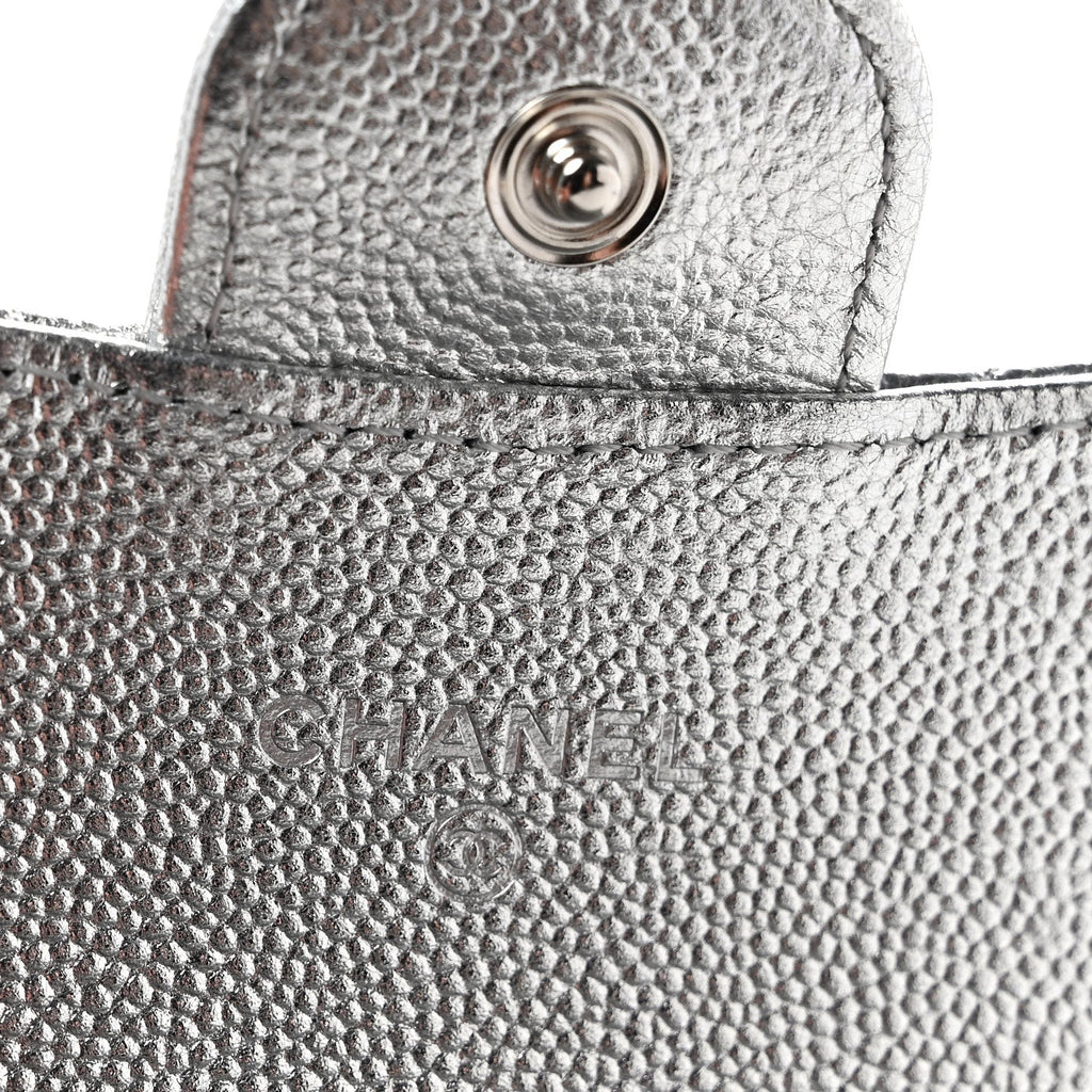 Glittered Metallic Caviar Quilted Flap Card Holder Wallet Silver