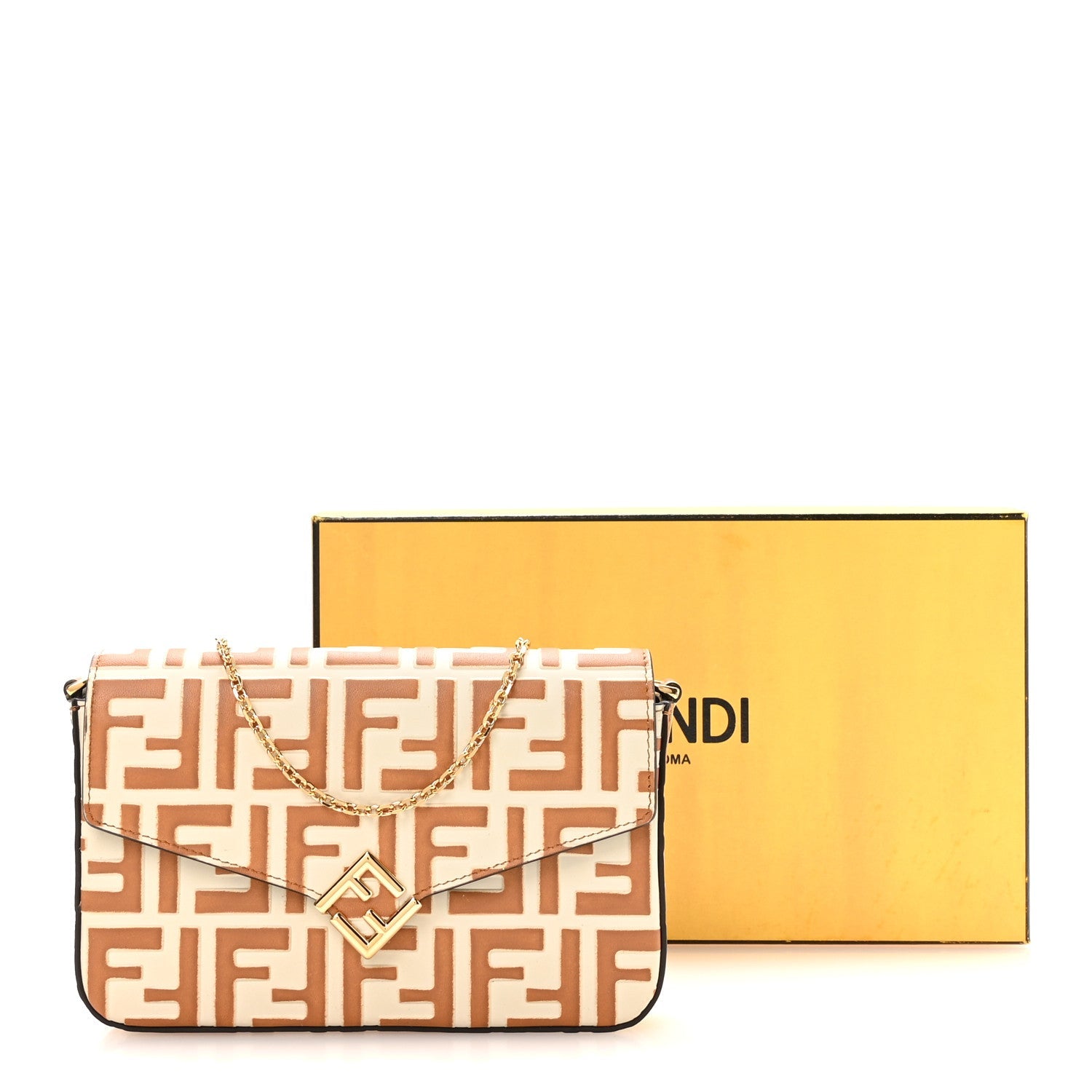 Calfskin FF Diamonds Wallet On Chain Camellia Caramel