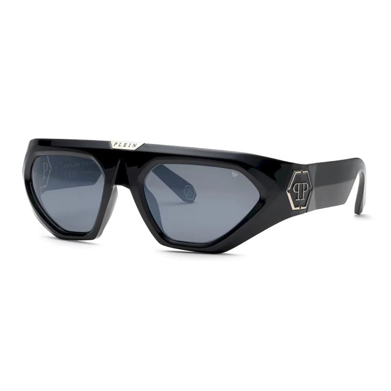 Philipp Plein Sunglasses Rectangle Full Rim, Shiny Black Frame and Grey Silver Mirror Lens SPP153Z42X