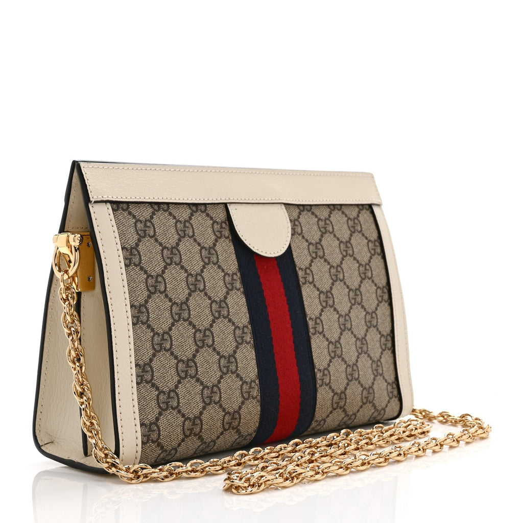 GG Supreme Monogram Textured Calfskin Web Small Ophidia Chain Shoulder Bag Beige Ebony Mystic White