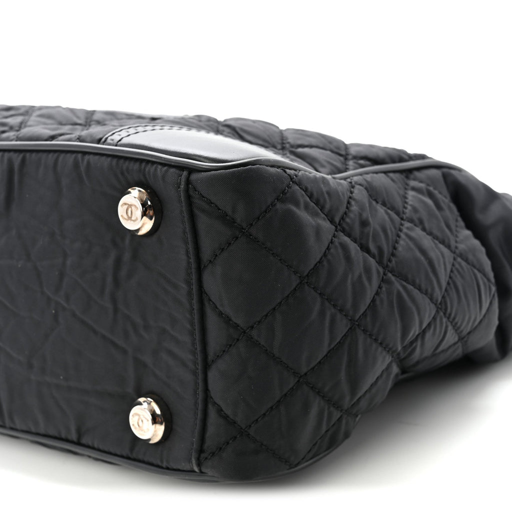Nylon Calfskin Quilted CC Paris New York Tote Bag Black