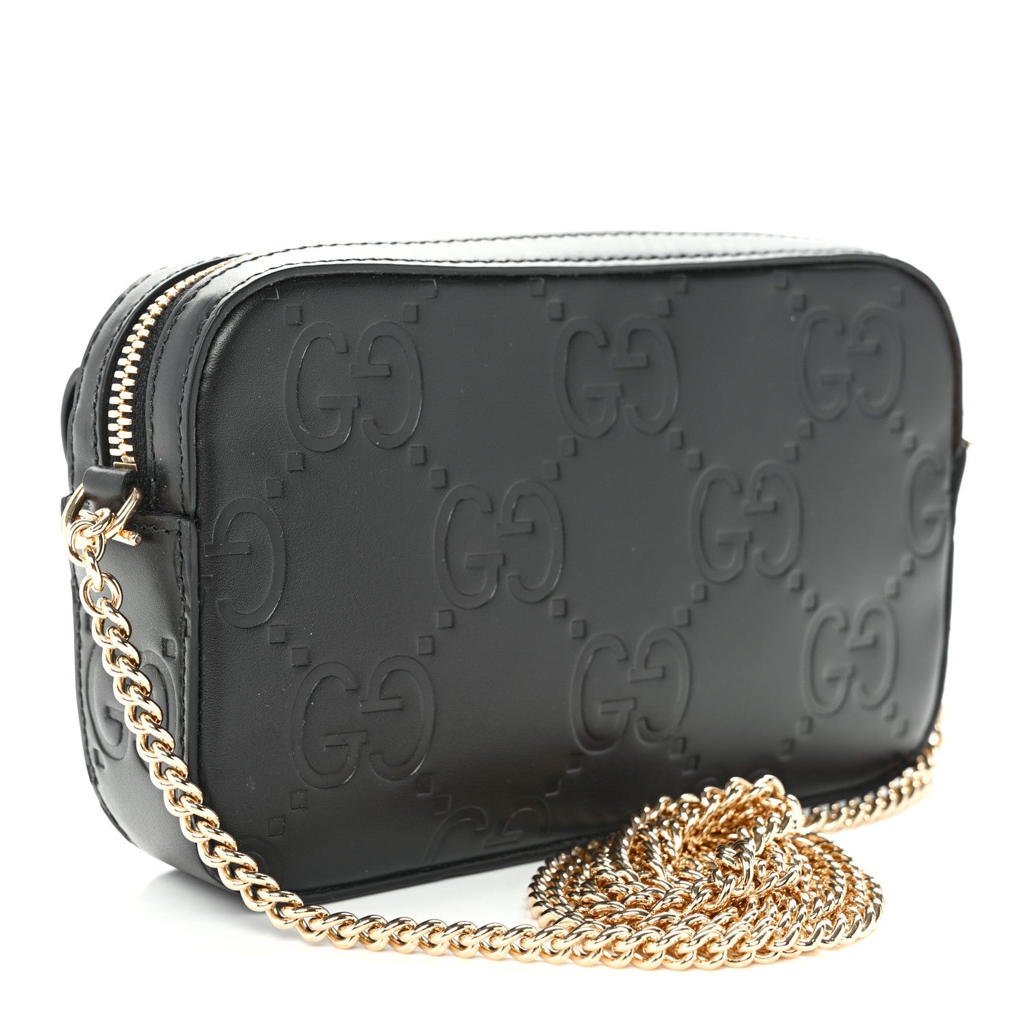 Calfskin GG Super Mini Debossed Chain Wallet Black