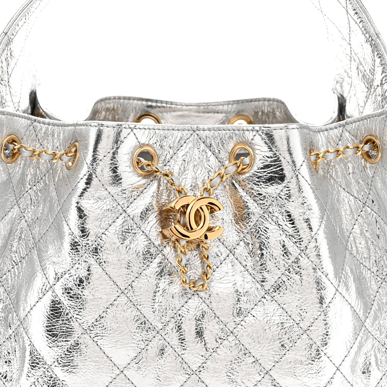 Metallic Crumpled Calfskin Quilted Small Chanel 25 Handbag Silvery