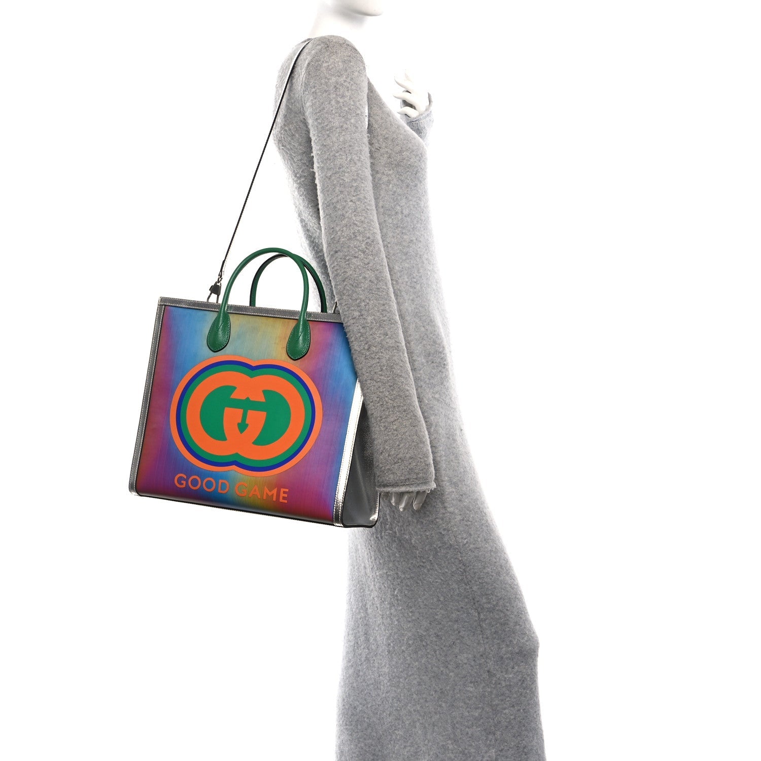 Laminated Textured Dollar Calfskin Good Game Interlocking G Tote Silver